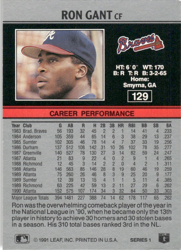 1991 Leaf Major League MLB Baseball Ron Gant #129 card back image