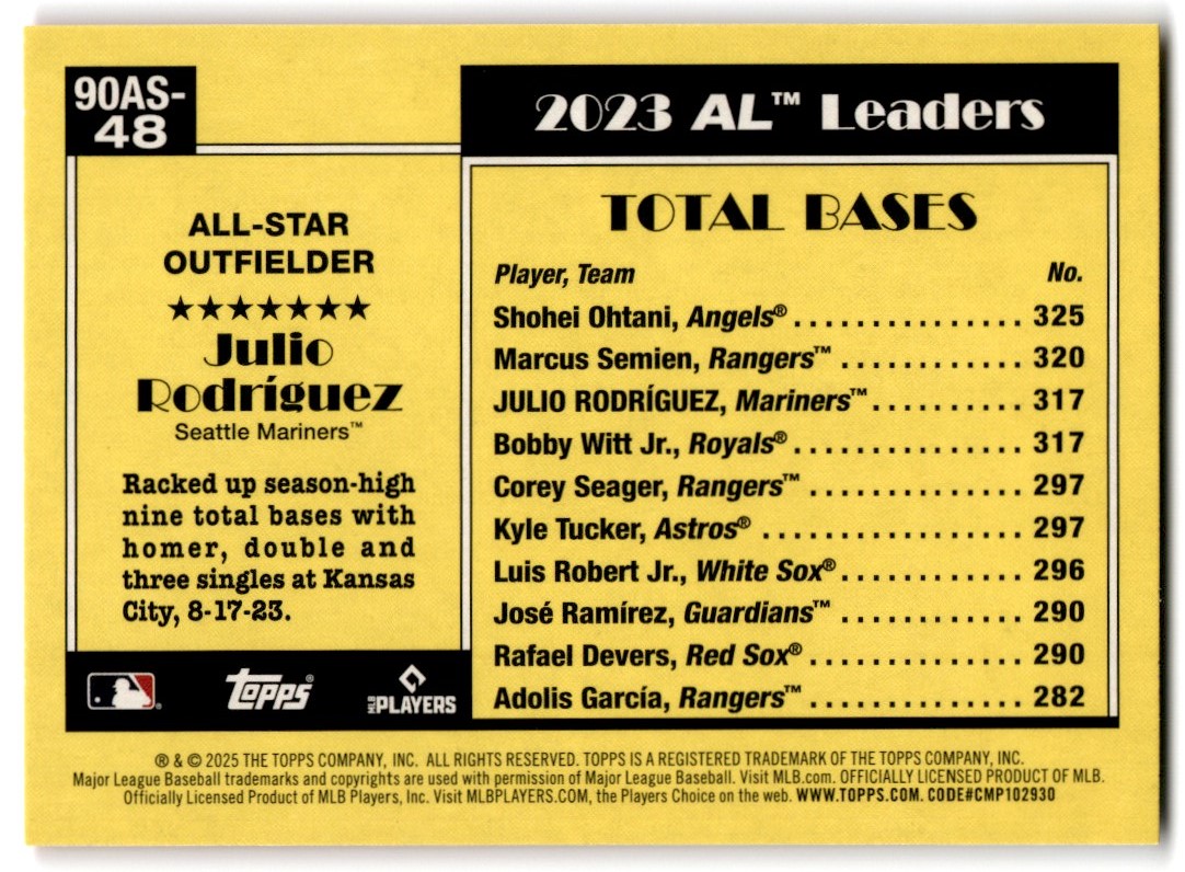 2025 Topps Series Two 1990 Julio Rodriguez Seattle Mariners #90AS