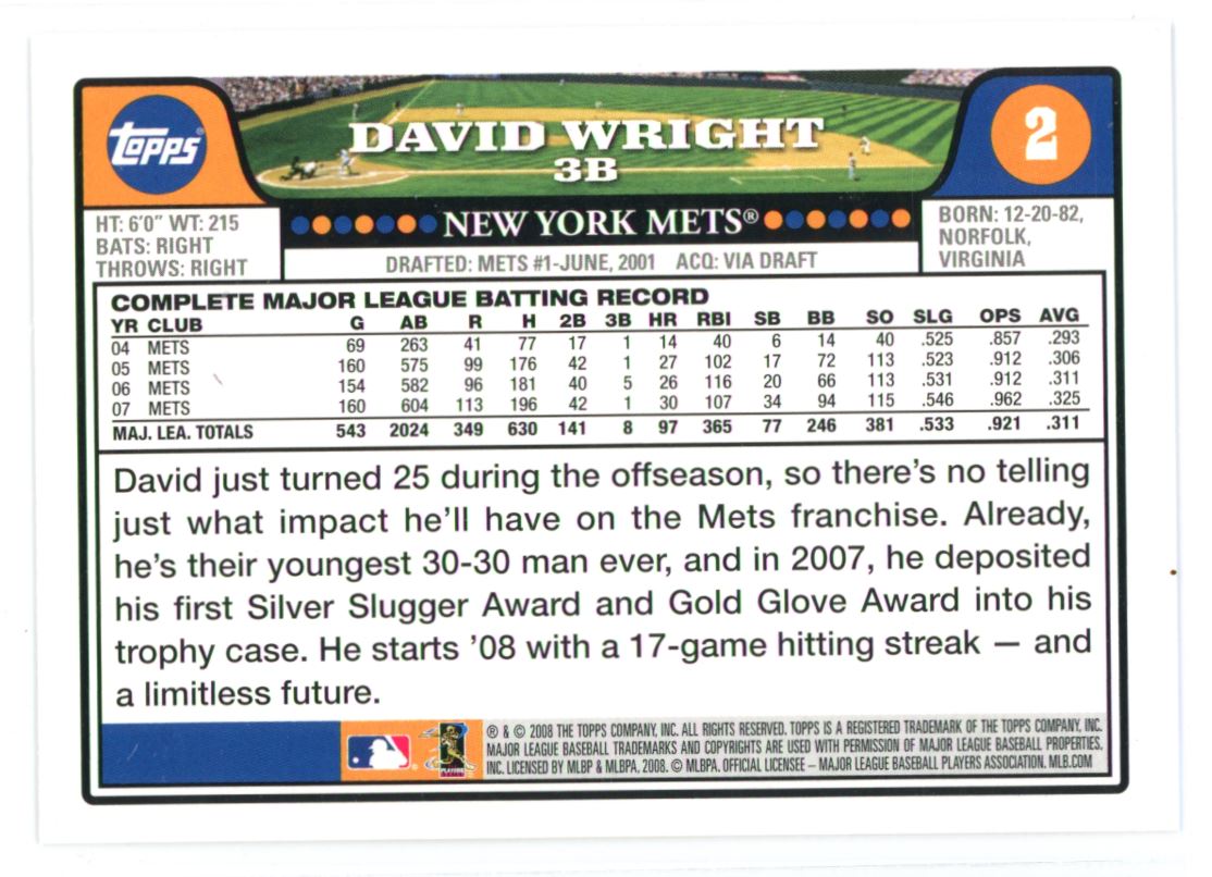 2008 Topps National Baseball Card Day David Wright New York Mets