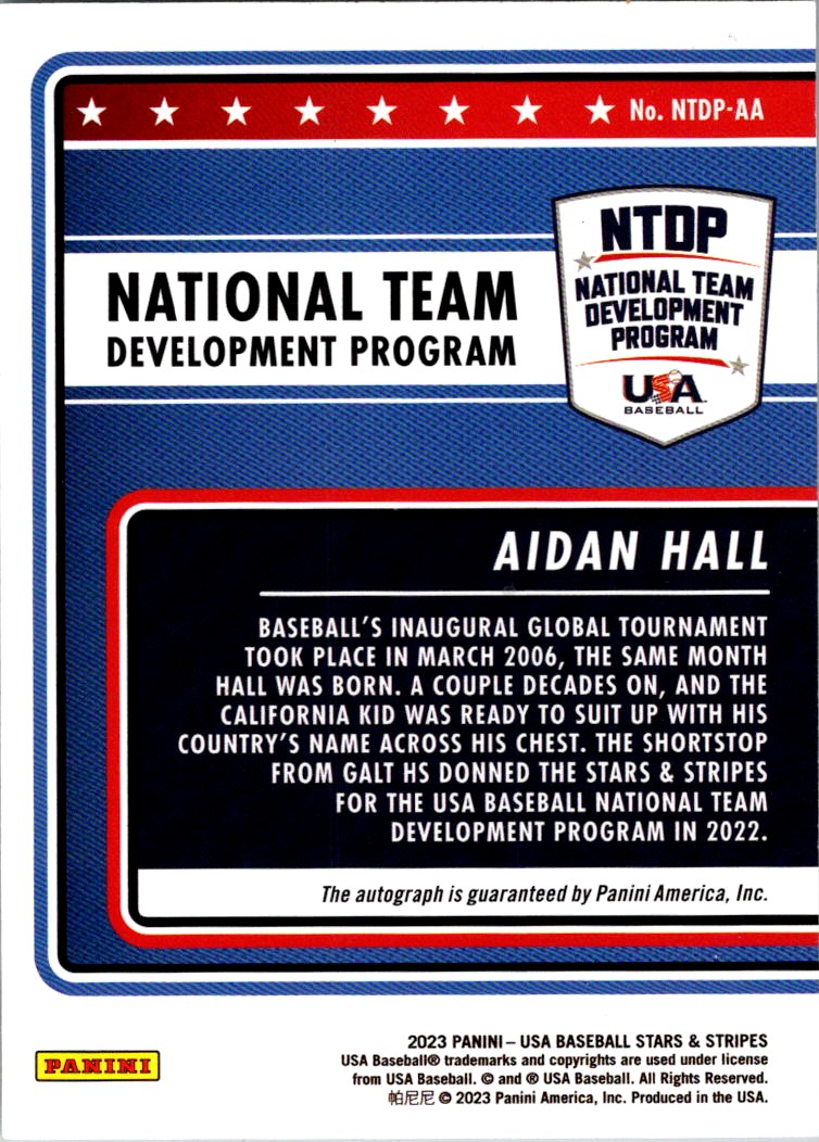 2023 Panini USA Baseball Stars & Stripes National Team Development Program Signatures Aidan Hall #NTDP-AA card back image