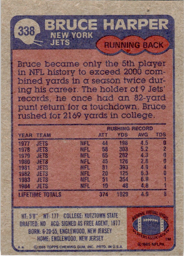 1985 Topps Bruce Harper #338 card back image