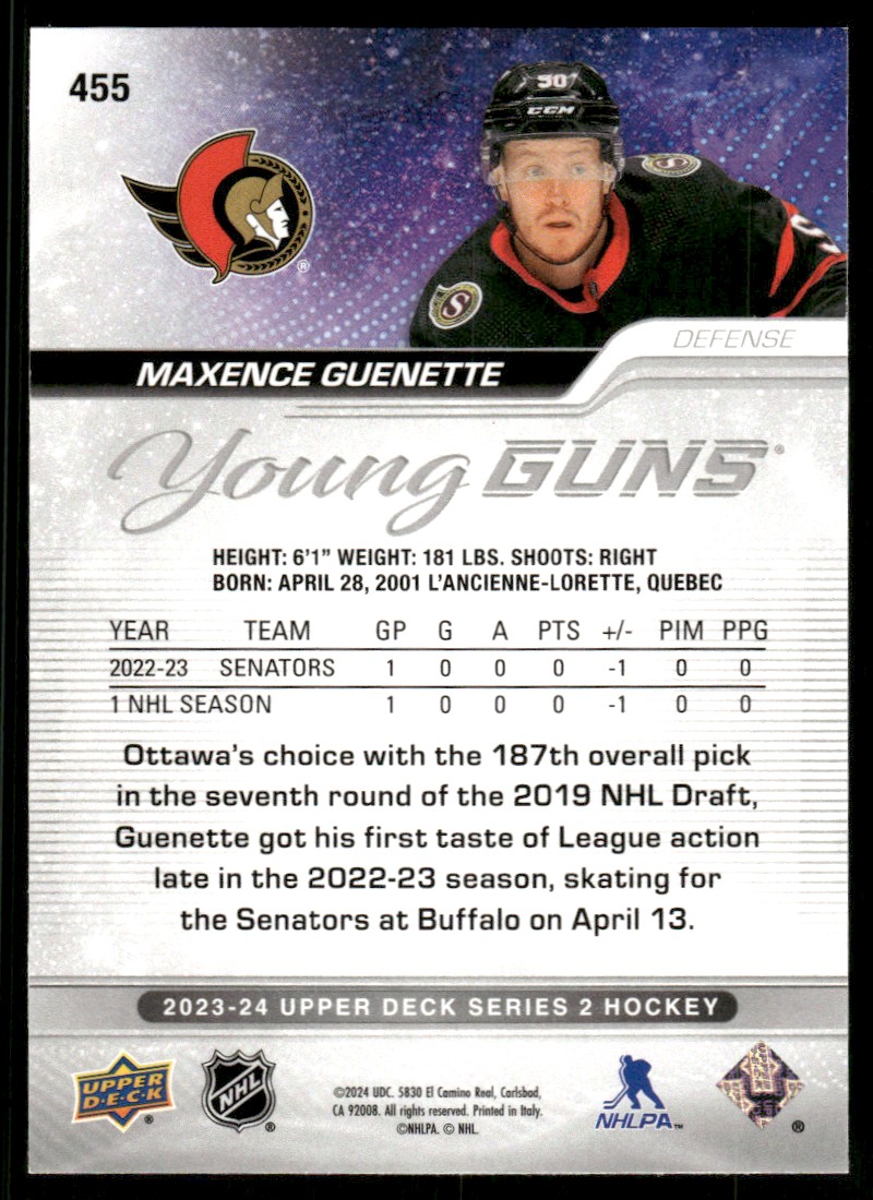 2023-24 Upper Deck YG Maxence Guenette #455 card back image