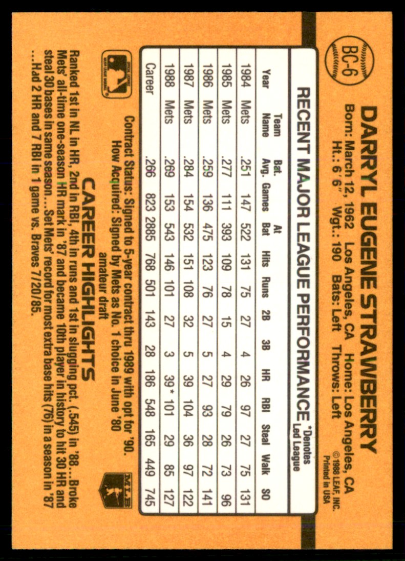 1989 Donruss Darryl Strawberry #BC-6 card back image