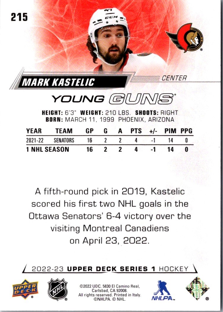 2022-23 Upper Deck Young Guns Mark Kastelic #215 card back image