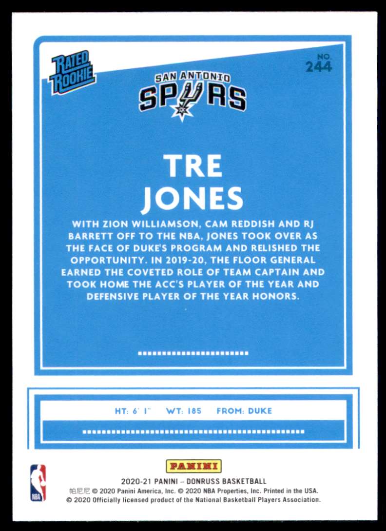 2020-21 Donruss Tre Jones Rr RC #244 card back image