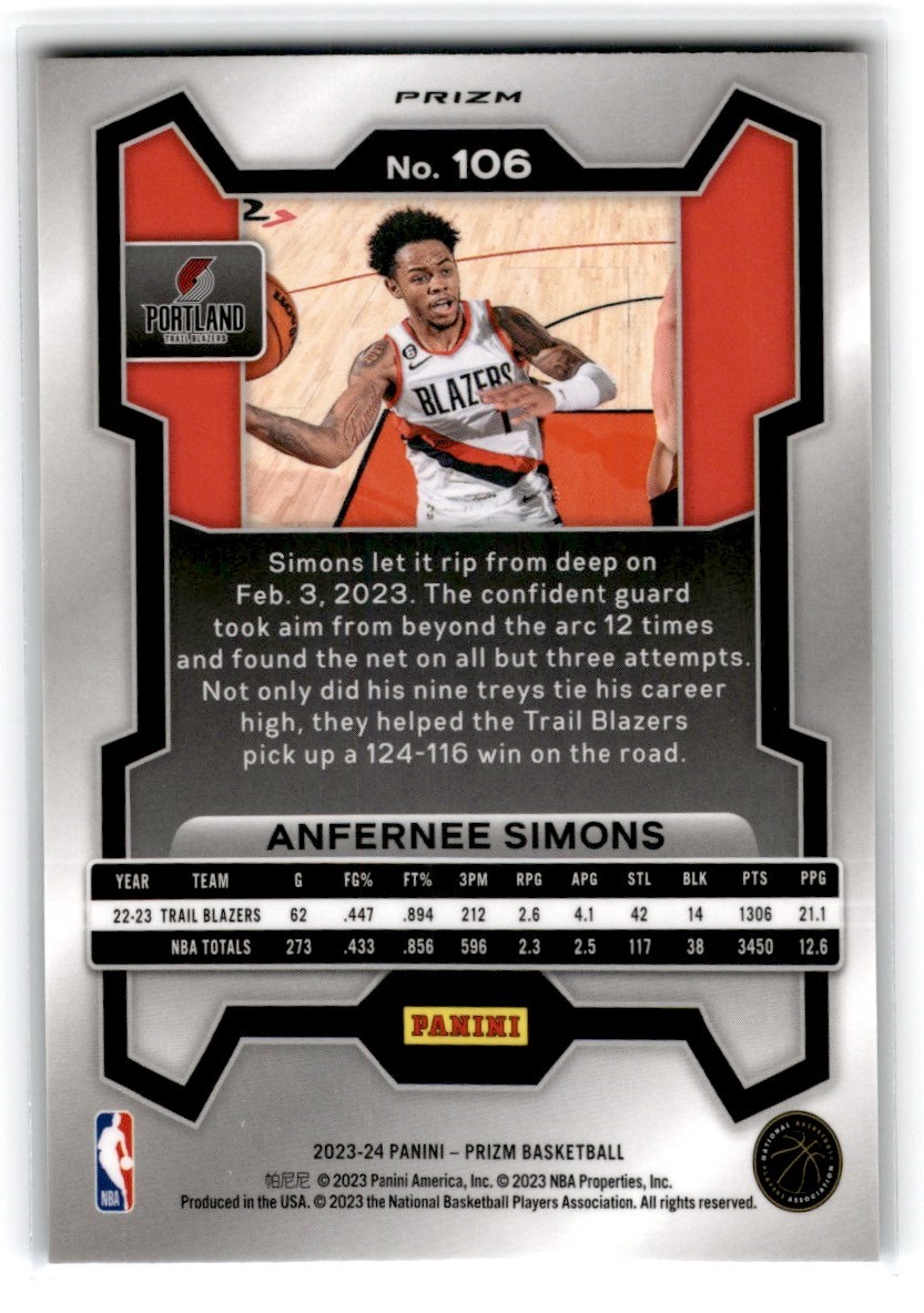 2023-24 Panini Prizm Red White Blue Anfernee Simons #106 card back image