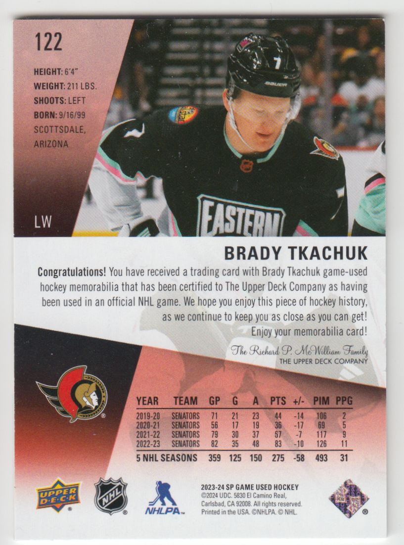 2023-24 SP Game Used Jersey Brady Tkachuk #122 card back image