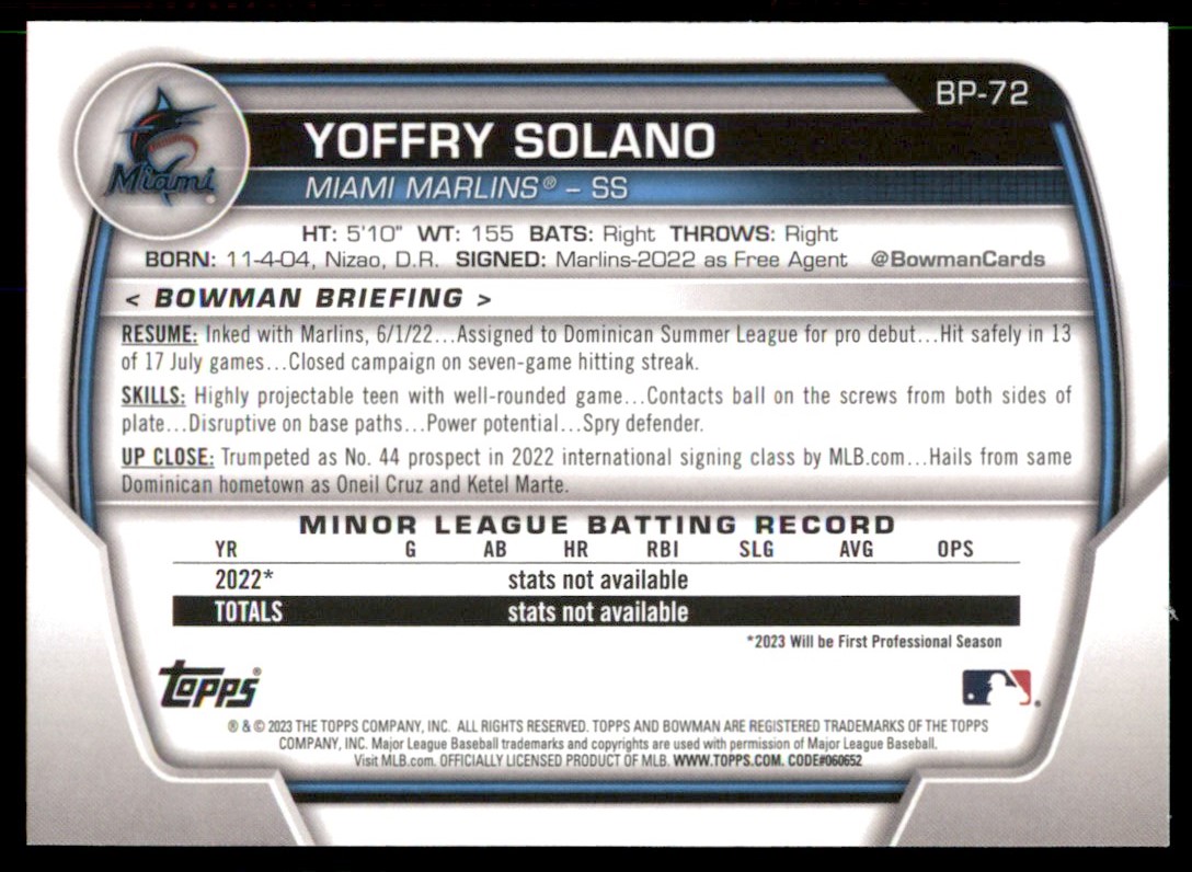 Yoffry Solano 2023 Bowman Prospects Rookie 1st Card ! RC #BP-72 Miami  Marlins | eBay
