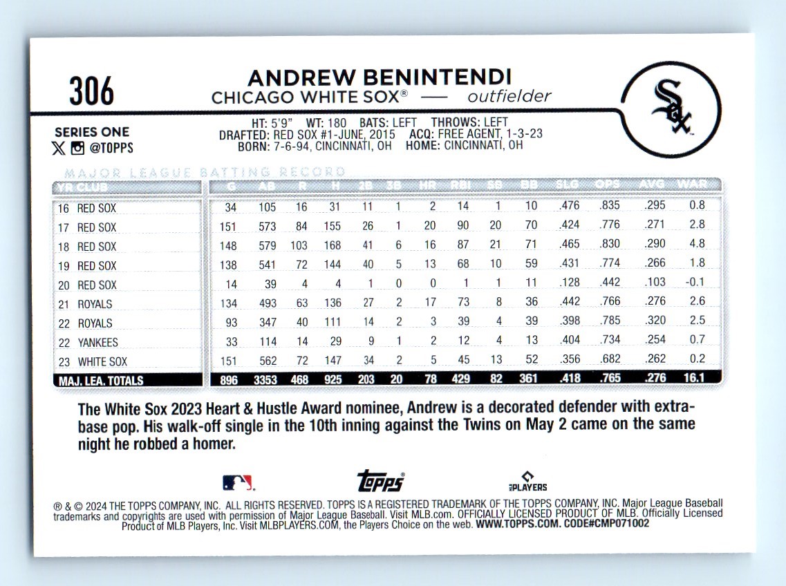 2024 Topps Series 1 Andrew Benintendi Chicago White Sox #306 | eBay