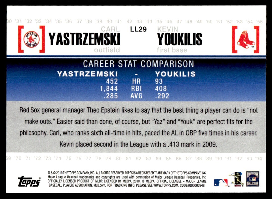 2010 Topps Legendary Lineage Carl Yastrzemski/Kevin Youkilis #LL29 card back image