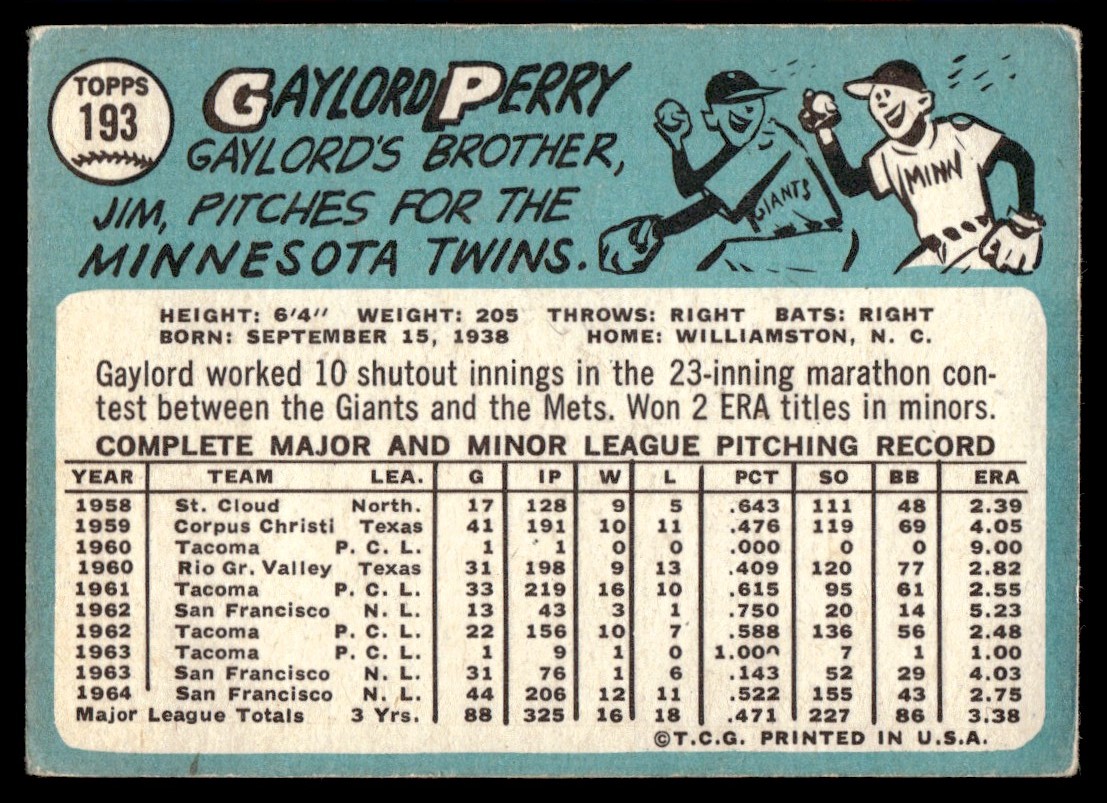 1965 Topps Gaylord Perry #193 card back image