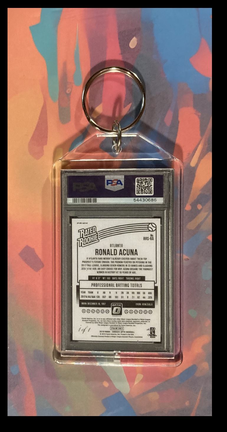 2025 -MME- 0107-0210 Ronald Acuna 2018 Panini Optic SuperFractor Auto PSA Style Custom Keychain #0107 card back image