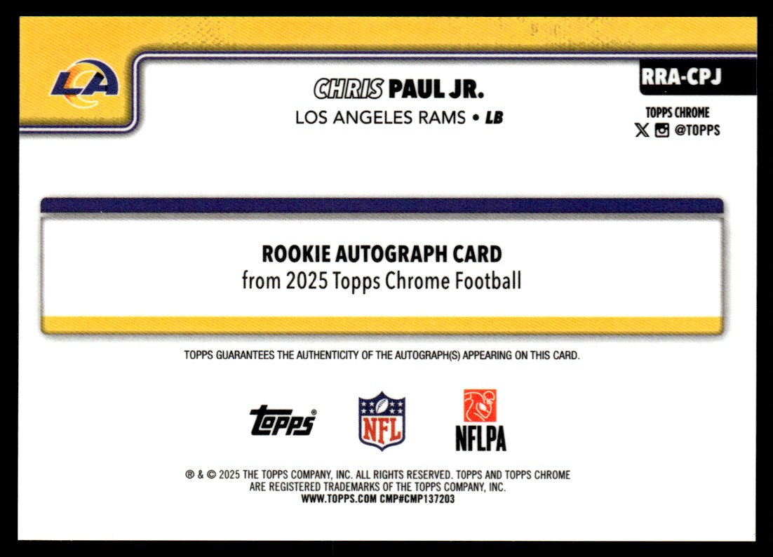 2025 Topps Chrome Pink Refractor Auto Chris Paul Jr. RC 054/250