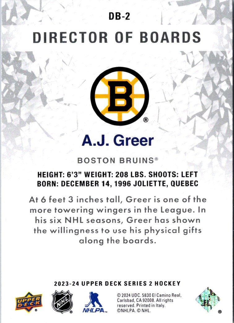 2023-24 Upper Deck Director of Boards A.J. Greer #DB-2 card back image