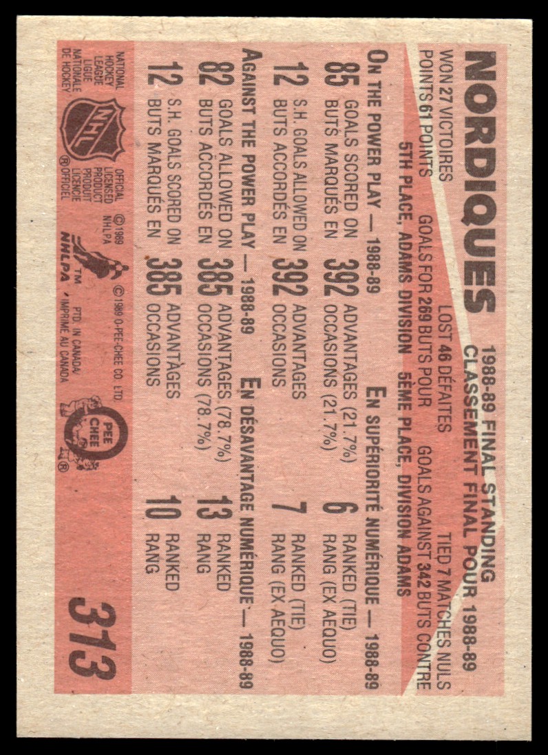 1989-90 O-Pee-Chee ! Quebec Nordiques #313 card back image