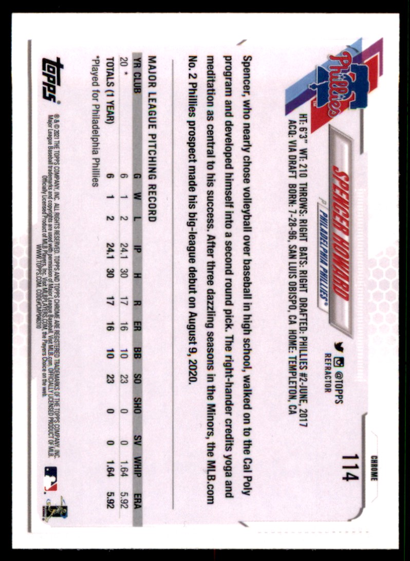 2021 Topps Chrome Spencer Howard #114 card back image