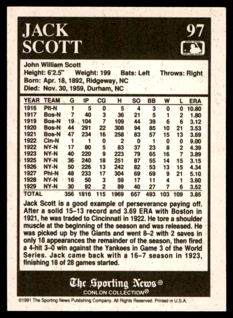 1991 Conlon Collection TSN Jack Scott #97 card back image