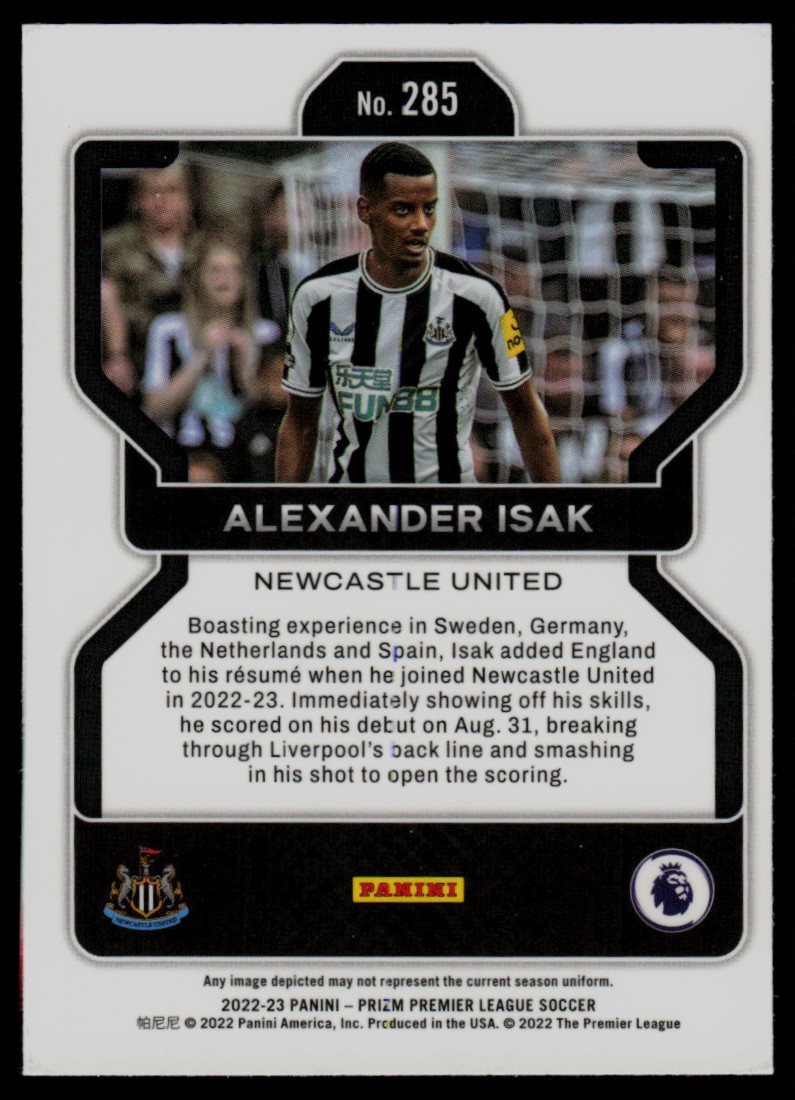 2022 Panini Prizm Premier League Alexander Isak #285 card back image