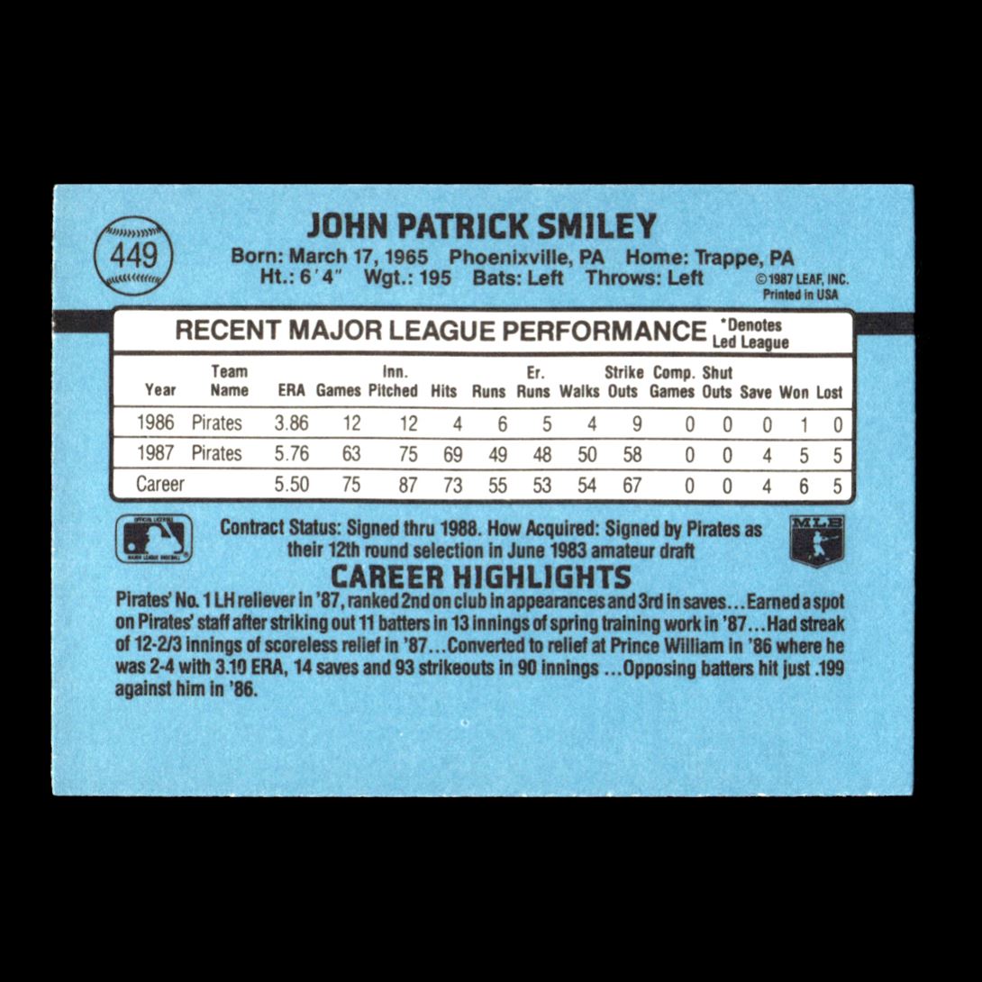 John Smiley 1988 Donruss Rookie Pittsburgh Pirates #449 R319H 48
