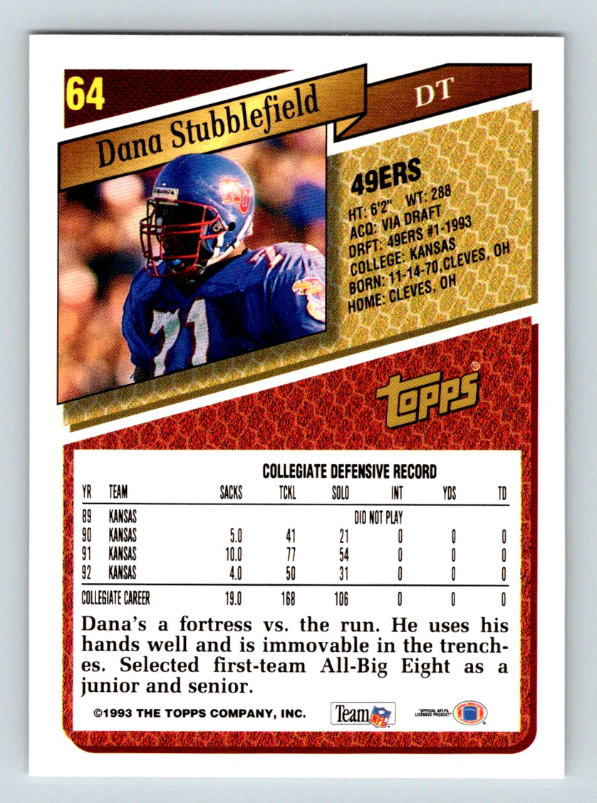 1993 Topps Dana Stubblefield #64 card back image