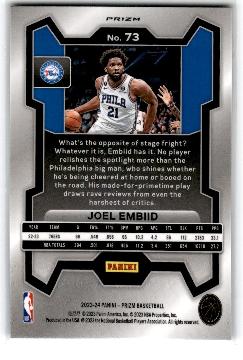 2023-24 Panini Prizm Red White Blue Joel Embiid #73 card back image