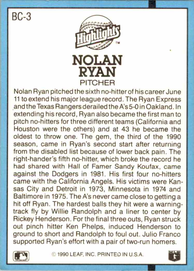 1991 Donruss Highlights Nolan Ryan #BC-3 card back image