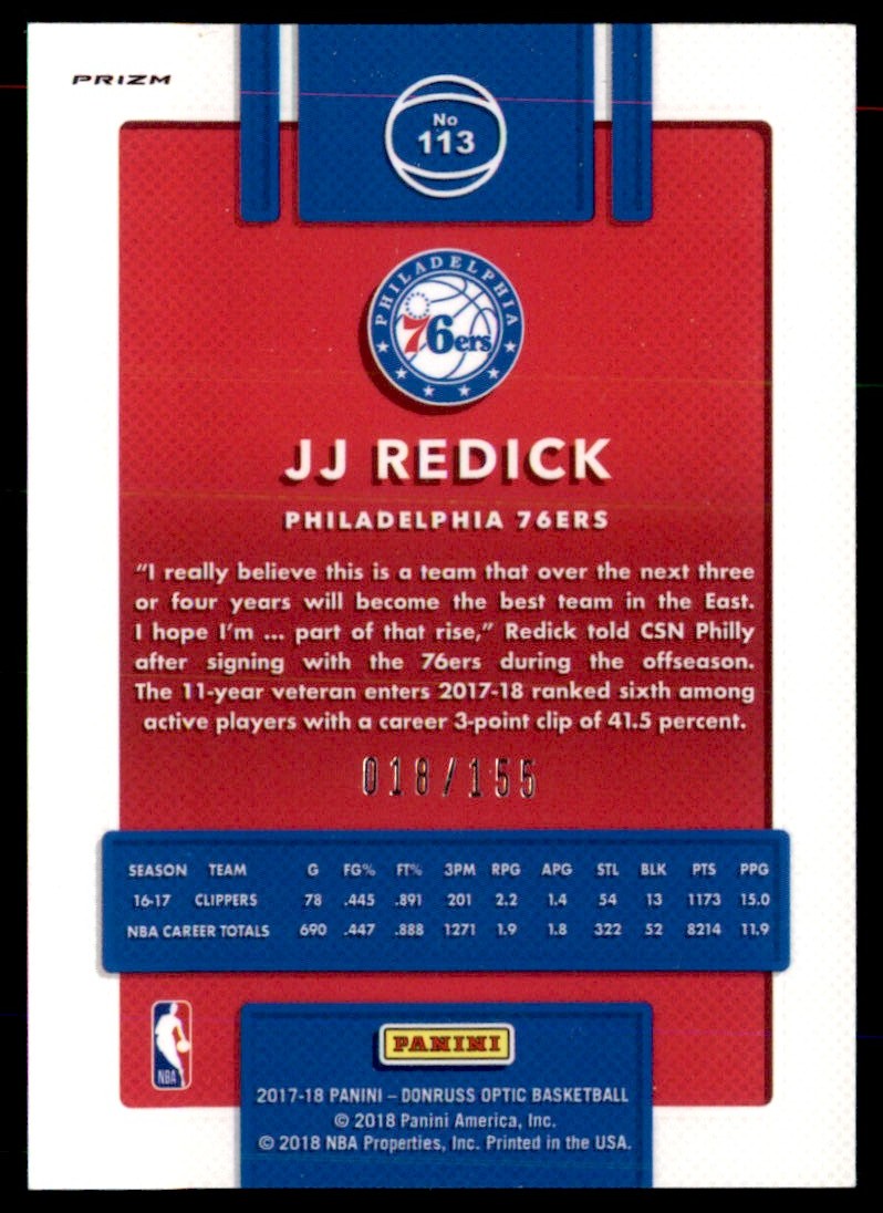 2017-18 Donruss Optic Fast Break Purple J.J. Redick #113 card back image