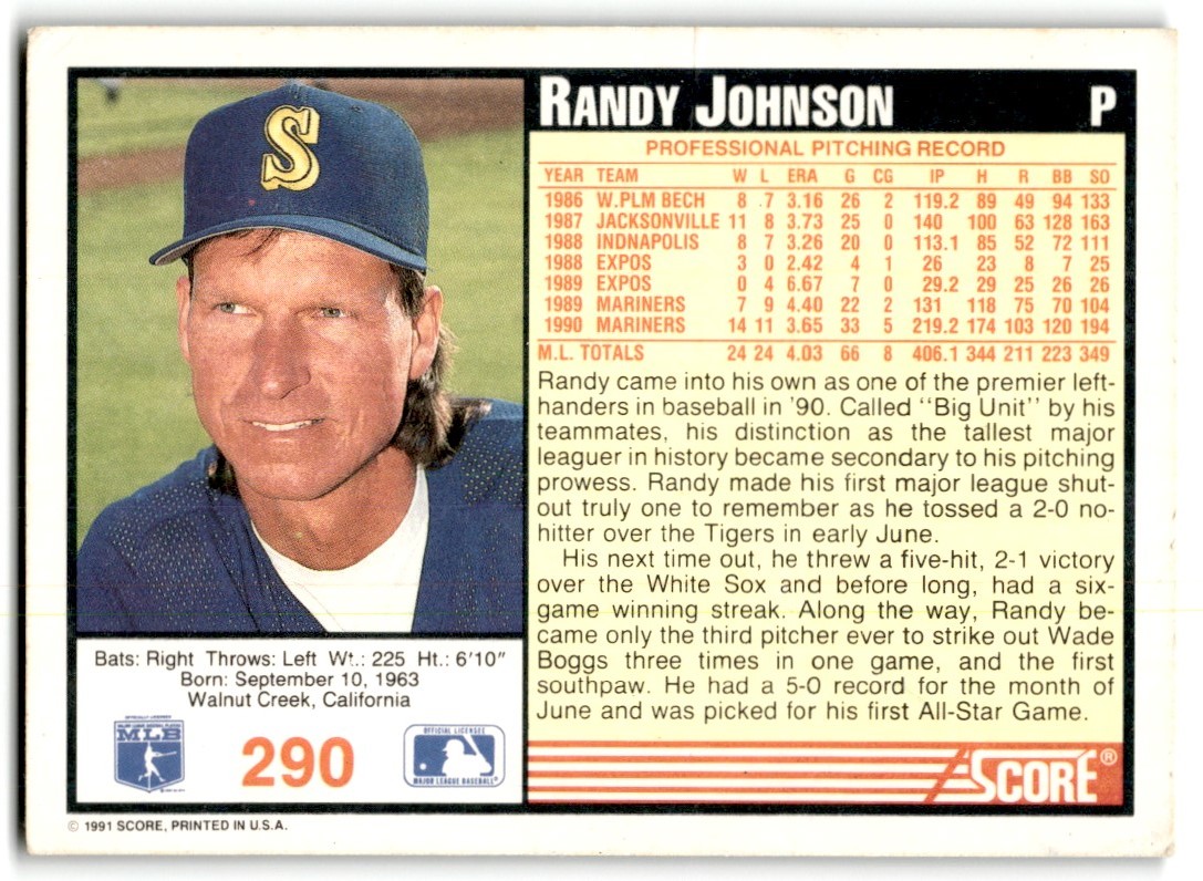 1991 Score Randy Johnson #290 on Kronozio
