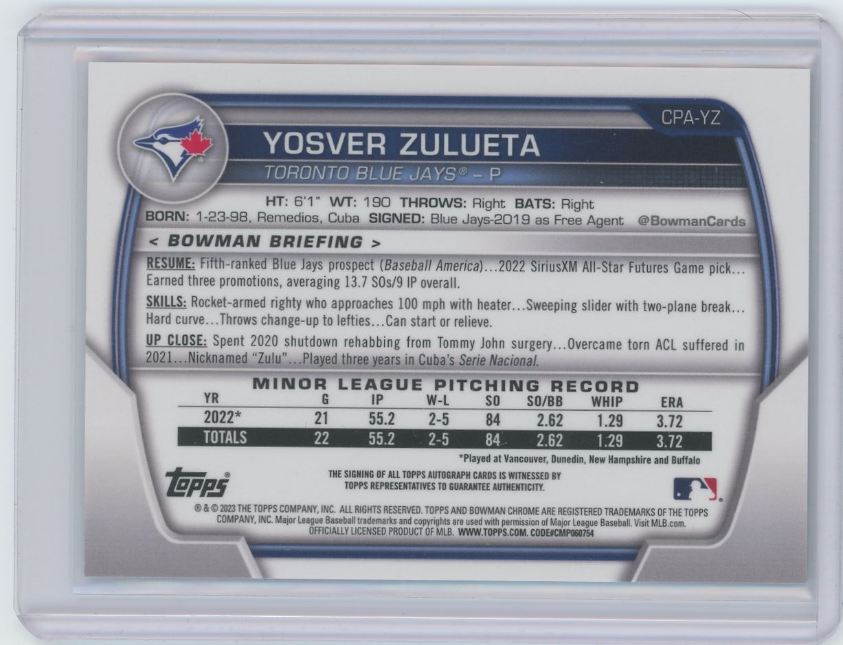 2023 Bowman Chrome Prospect Autographs Yosver Zulueta #CPA-YZ card back image