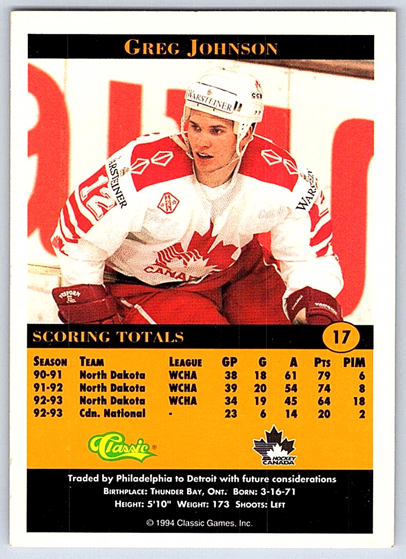 1994-95 Classic Pro Hockey Prospects Greg Johnson #17 card back image