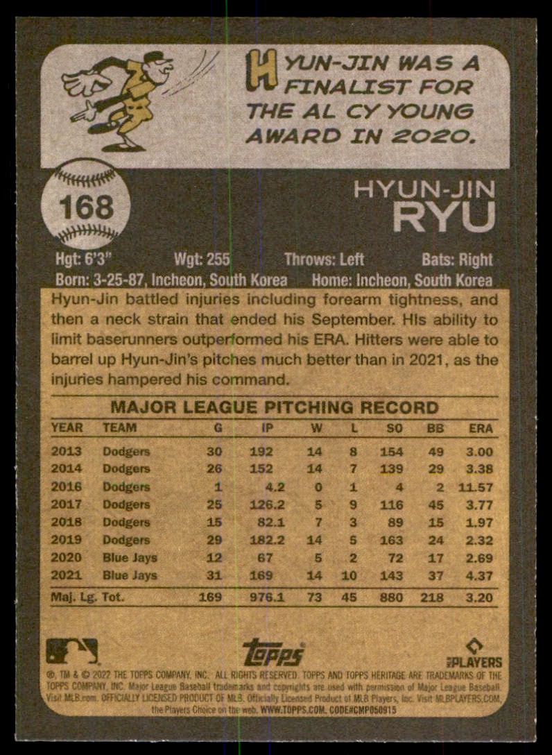 2022 Topps Heritage Hyun-Jin Ryu #168 card back image