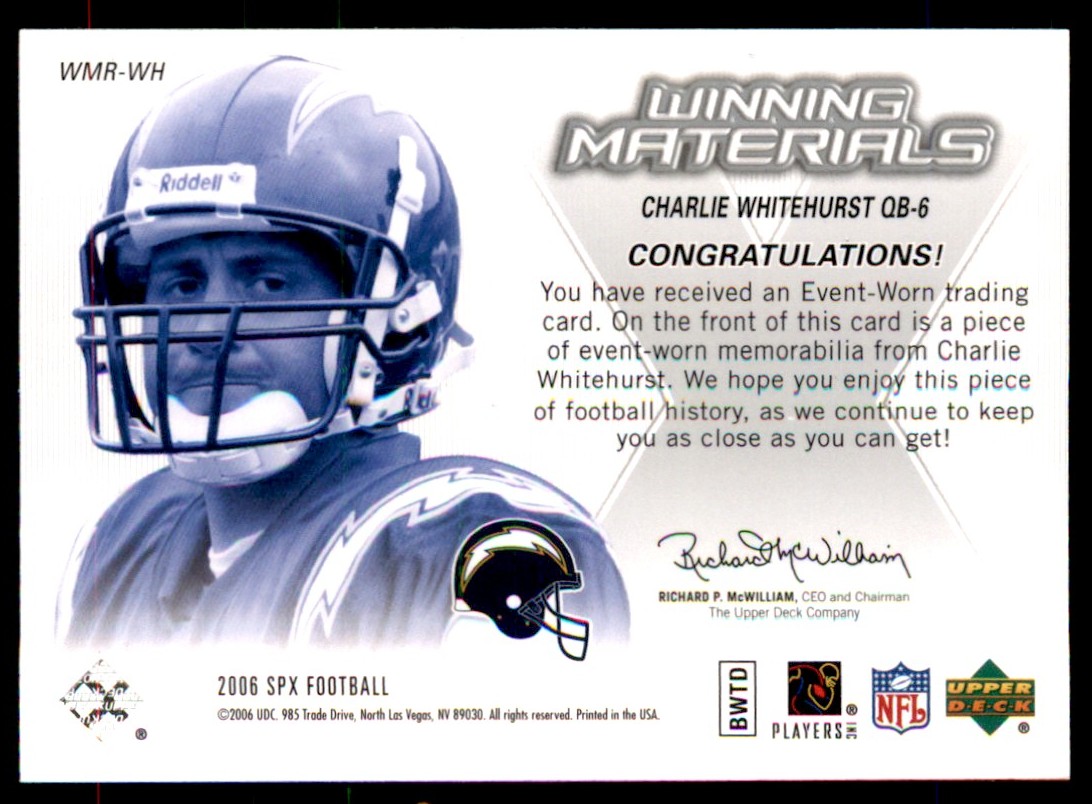 2006 SPx Rookie Winning Materials Charlie Whitehurst #WMR-WH card back image