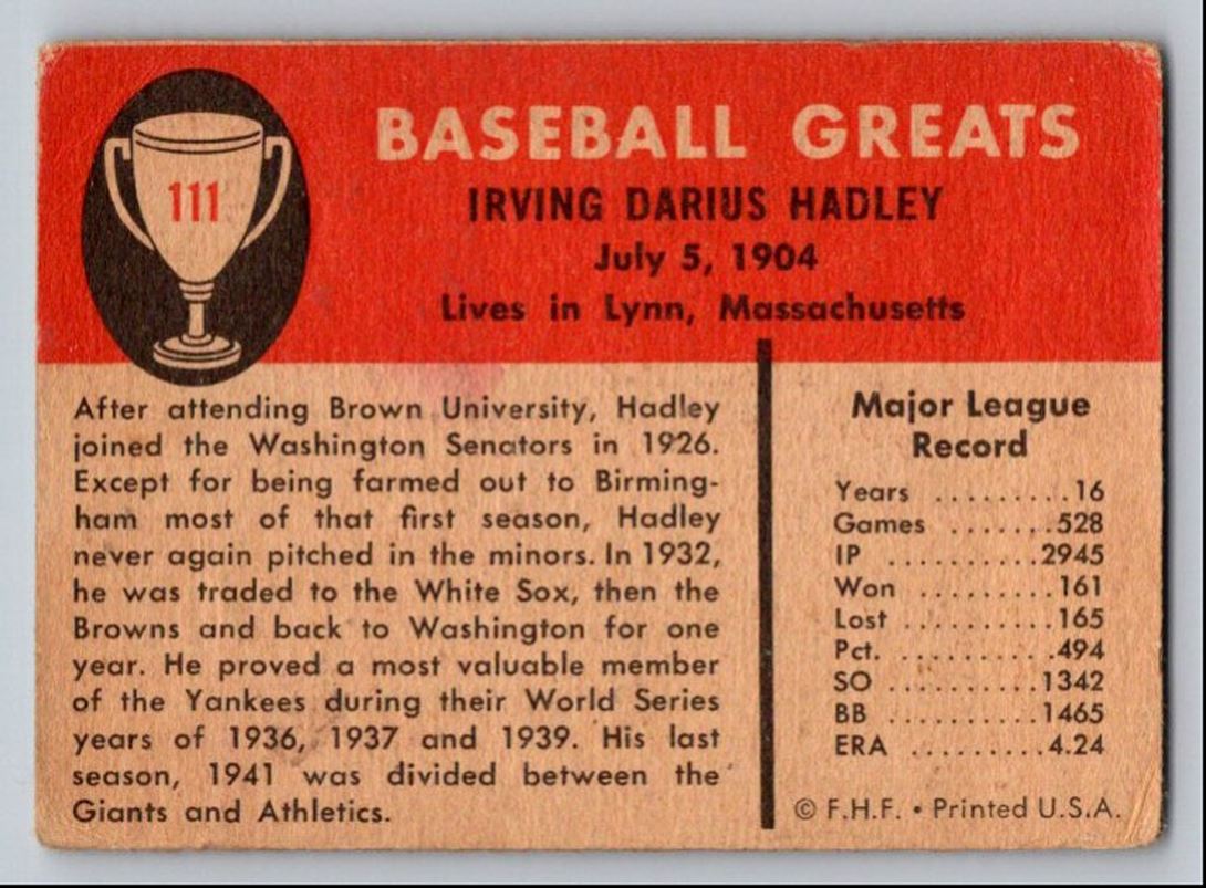 1961 Fleer Baseball Greats Base Bump Hadley #111 card back image