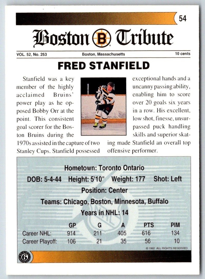 1991-92 Ultimate Original 6 Fred Stanfield #54 card back image