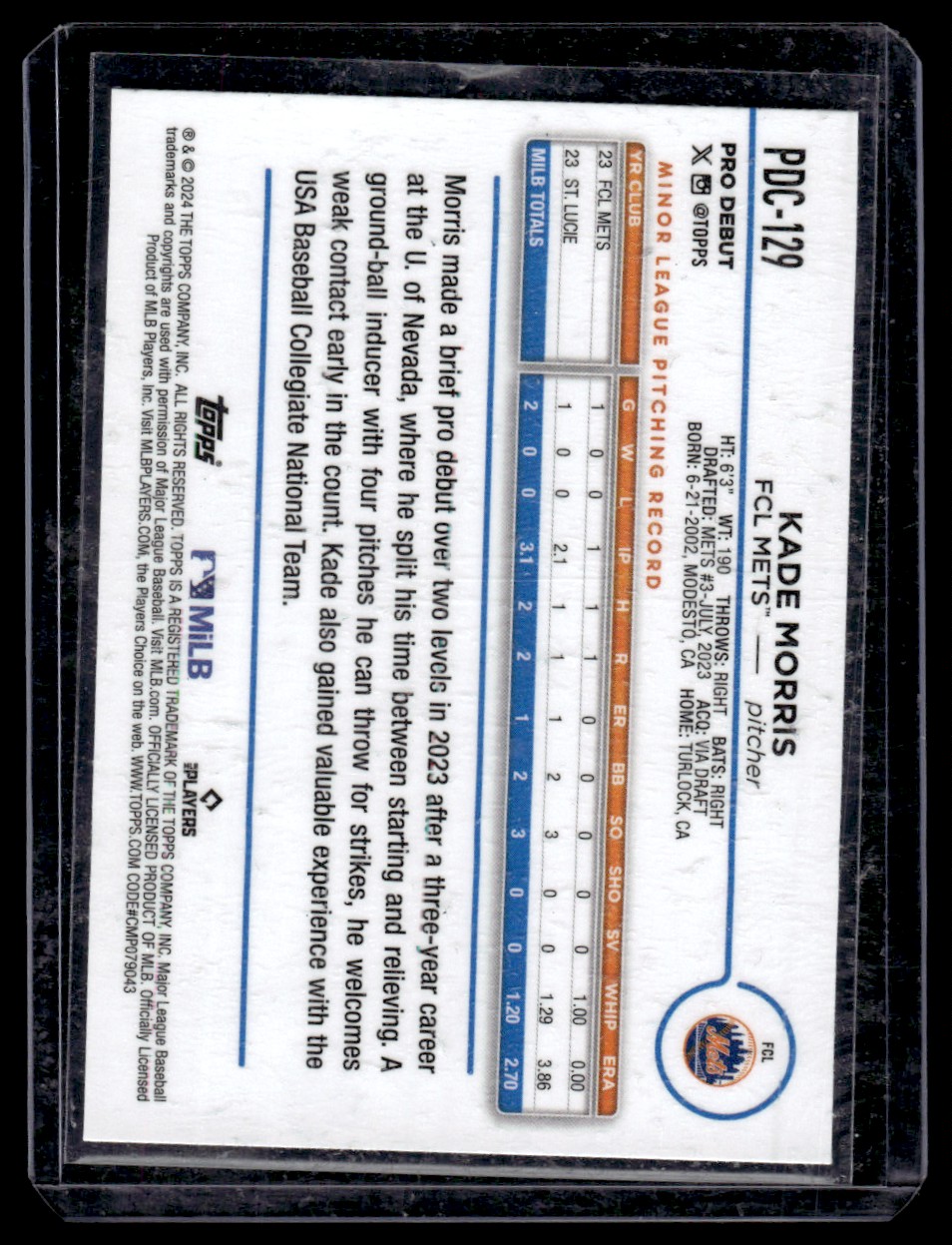 2024 Topps Pro Debut Chrome Blue Kade Morris #PDC-129 card back image