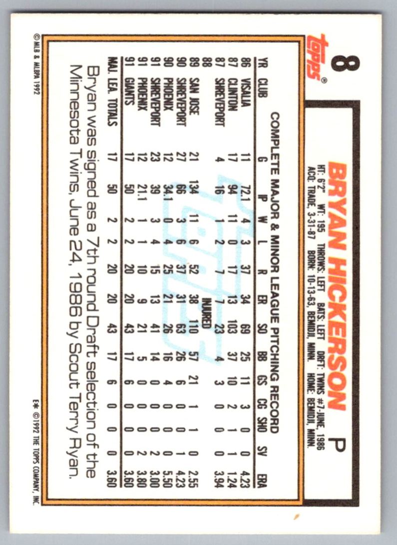 1992 Topps Bryan Hickerson #8 card back image