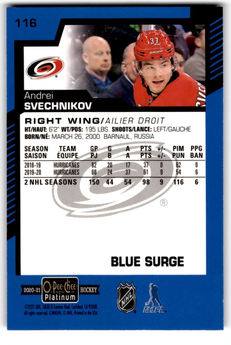 2020-21 O-Pee-Chee Platinum Blue Surge Andrei Svechnikov #116 card back image