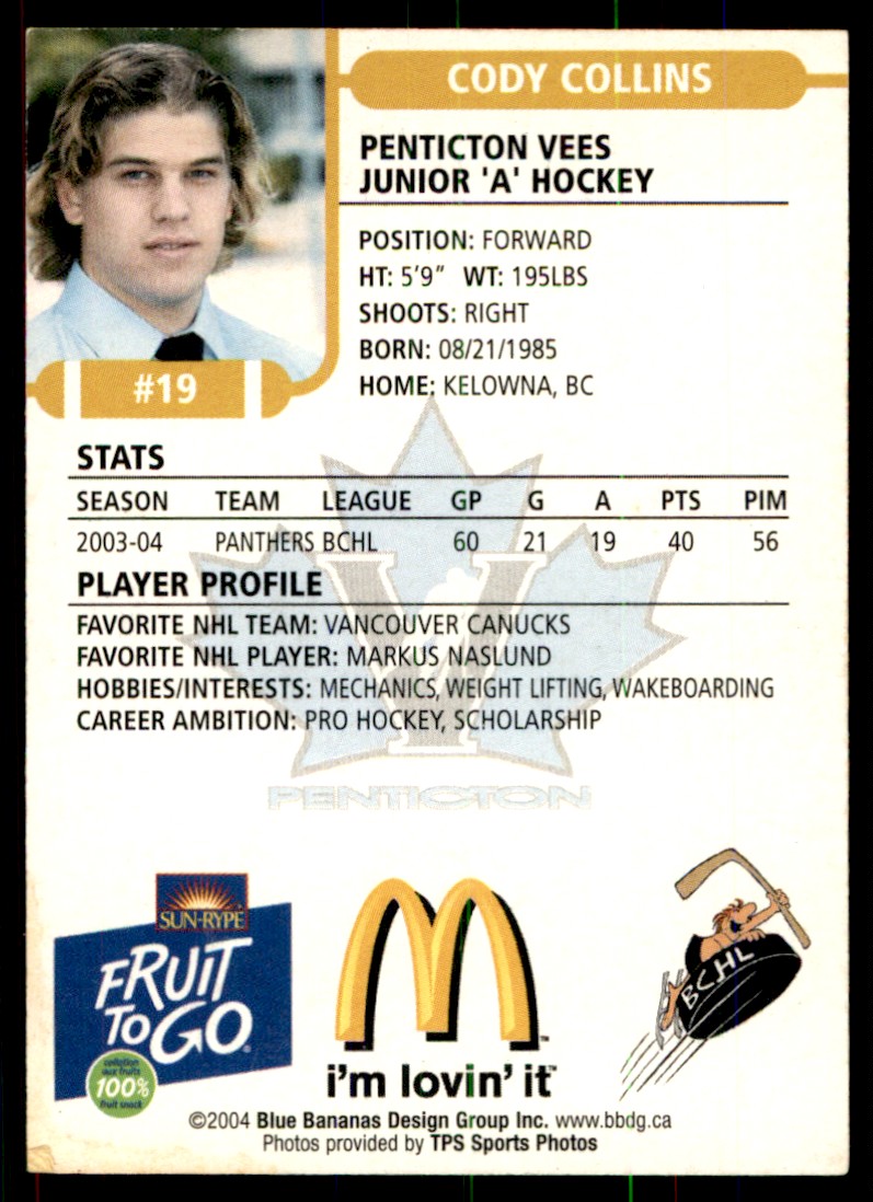 2004-05 McDonald's Penticton Vees BCHL Signed Ryan Coghlan #5 card back image