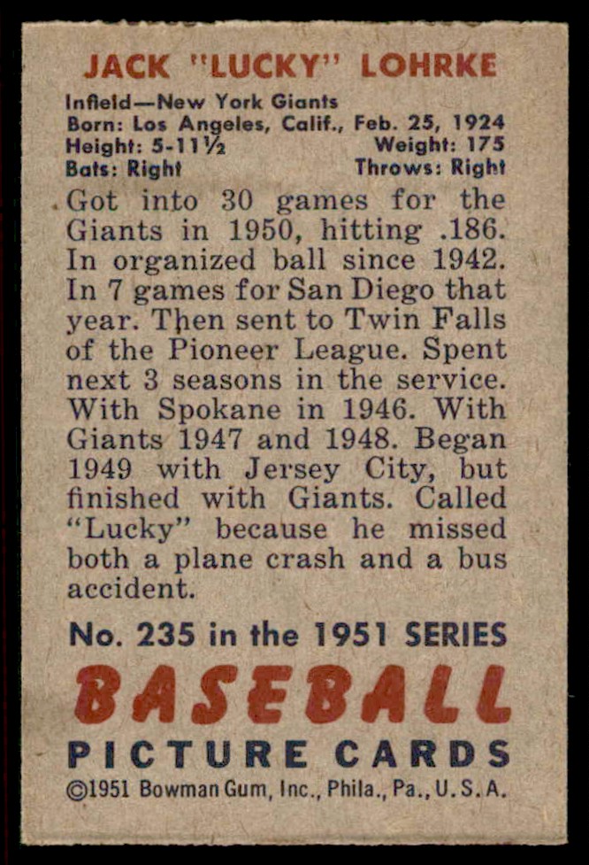 1951 Bowman Jack Lohrke #235 card back image