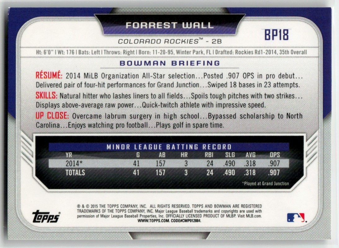 2015 Bowman Chrome Scouts Update Die Cut Autographs Forrest Wall #BSU-FW card back image