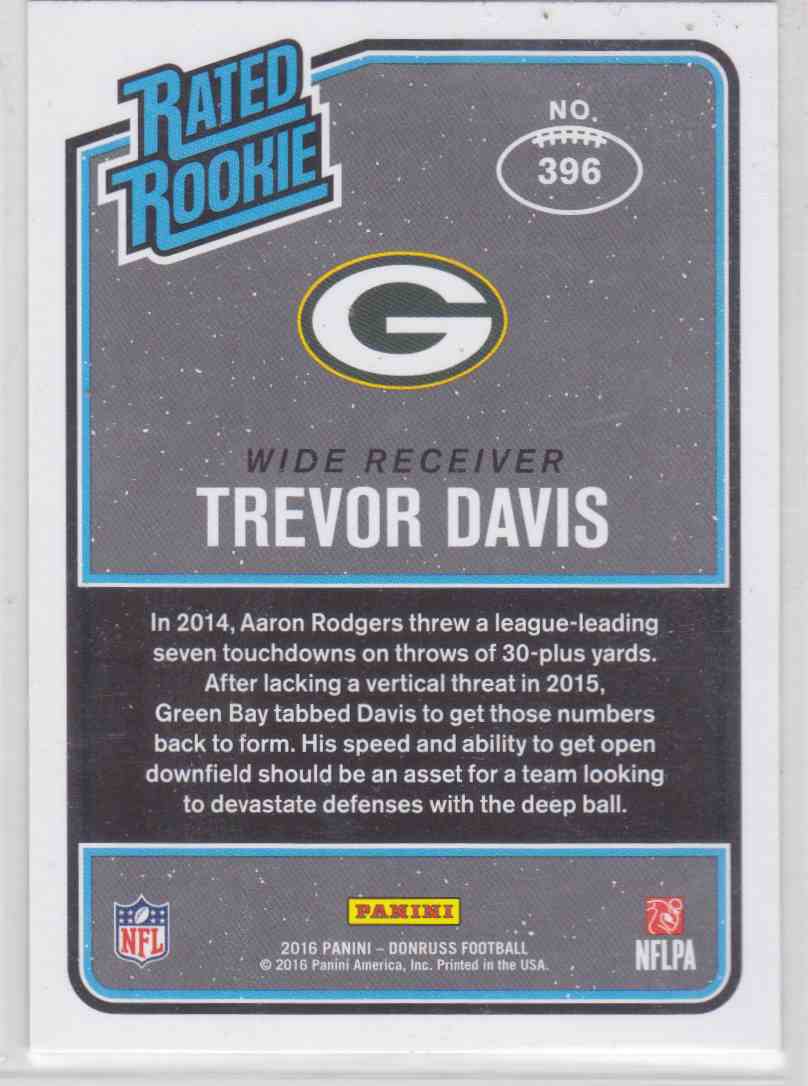 #396 2016 PANINI DONRUSS Trevor Davis, football card!!! Rookie