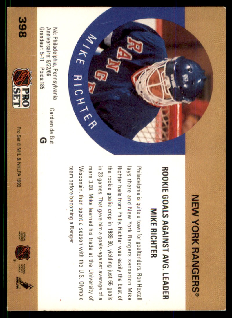 1990-91 Pro Set Mike Richter #398 card back image