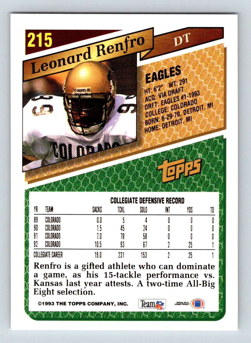 1993 Topps Leonard Renfro #215 card back image