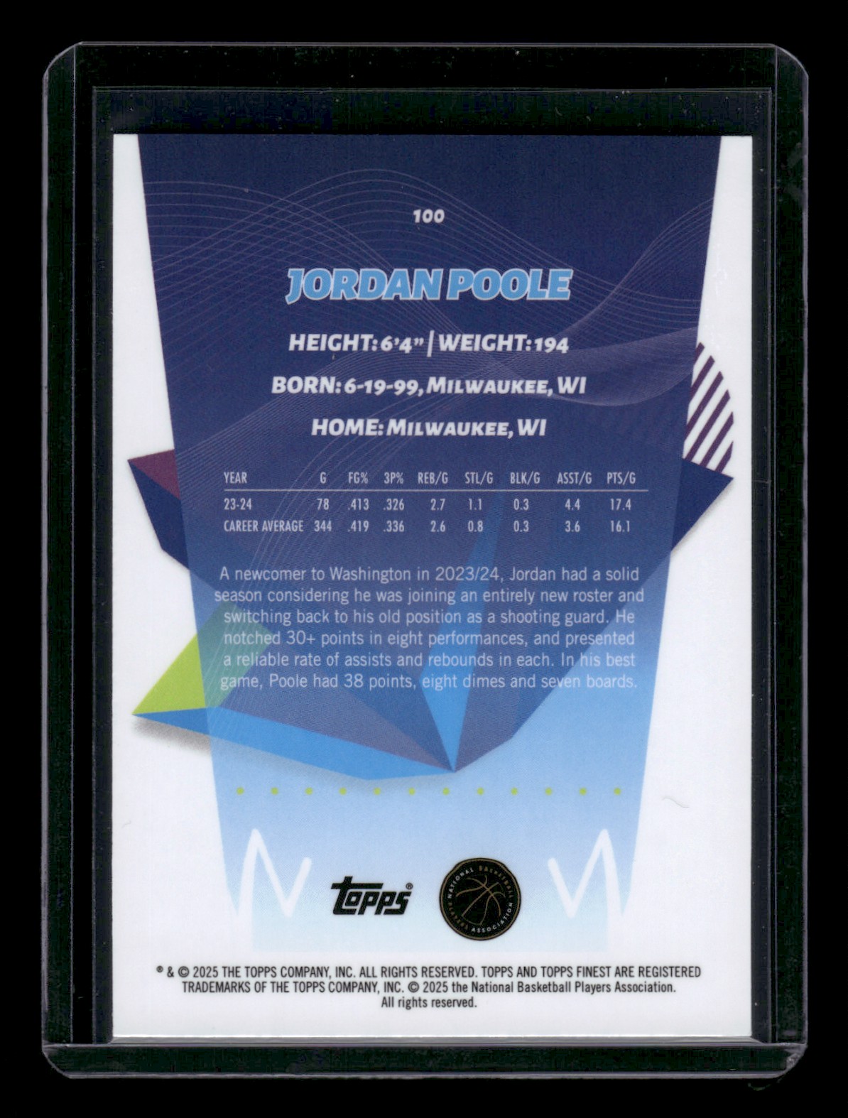 2024-25 Topps Finest JORDAN POOLE #100 card back image