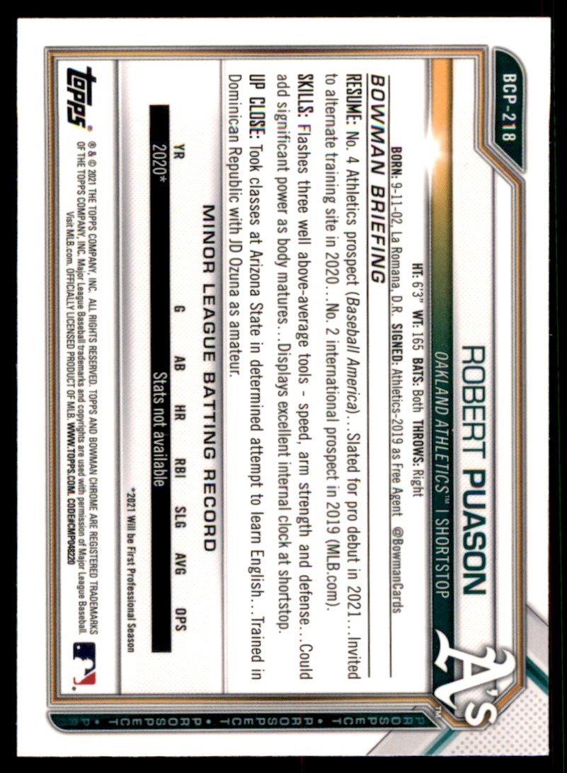 2021 Bowman Chrome Prospects Robert Puason #BCP-218 card back image