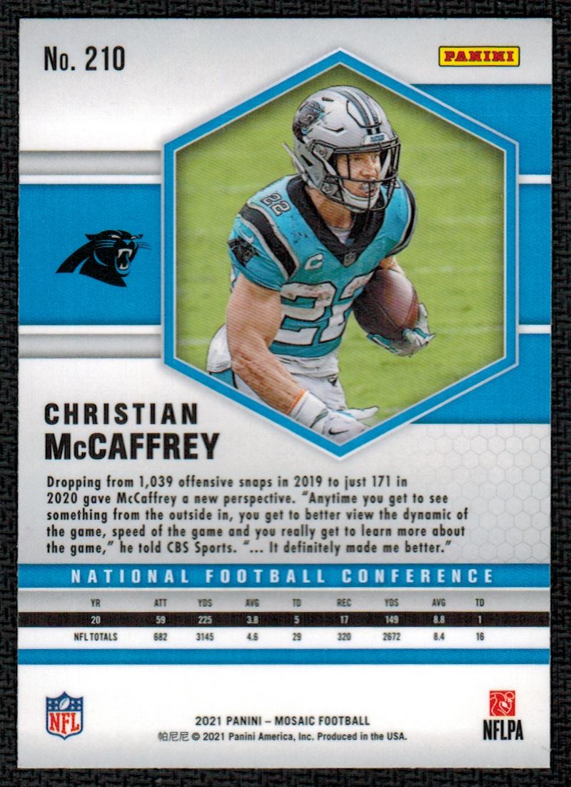2021 Panini Mosaic NFC Christian McCaffrey #210 card back image