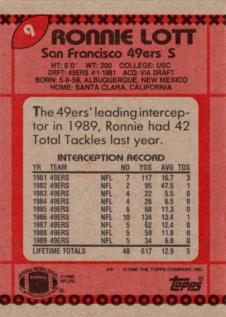 1990 Topps Ronnie Lott #9 card back image