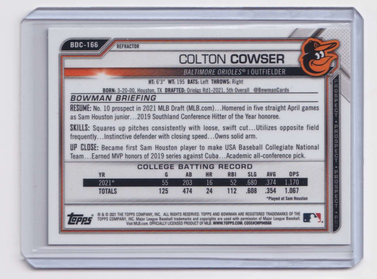 2021 Bowman Chrome Draft Refractor Colton Cowser #BDC-166 W001 card back image