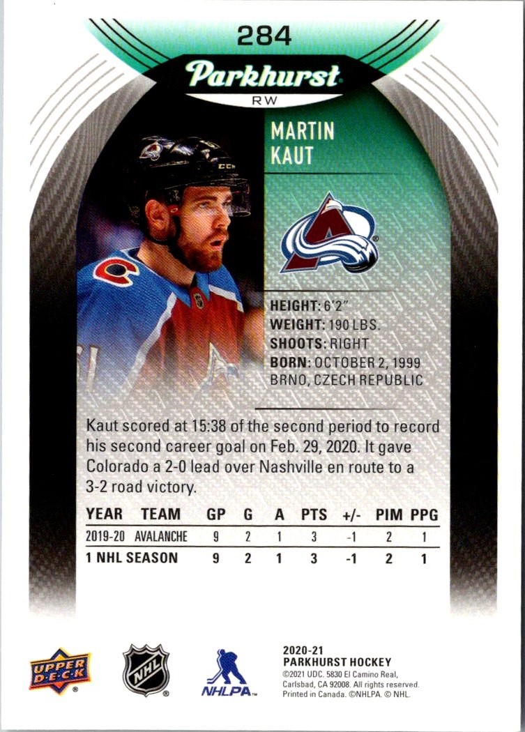 2020-21 Parkhurst Martin Kaut #284 card back image