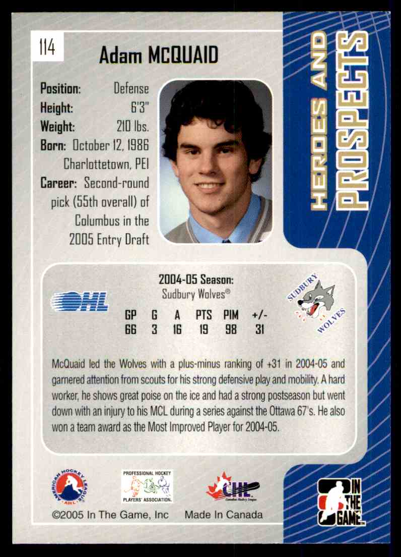 2005 06 In The Game Heroes And Prospect Adam Mcquaid 114 On